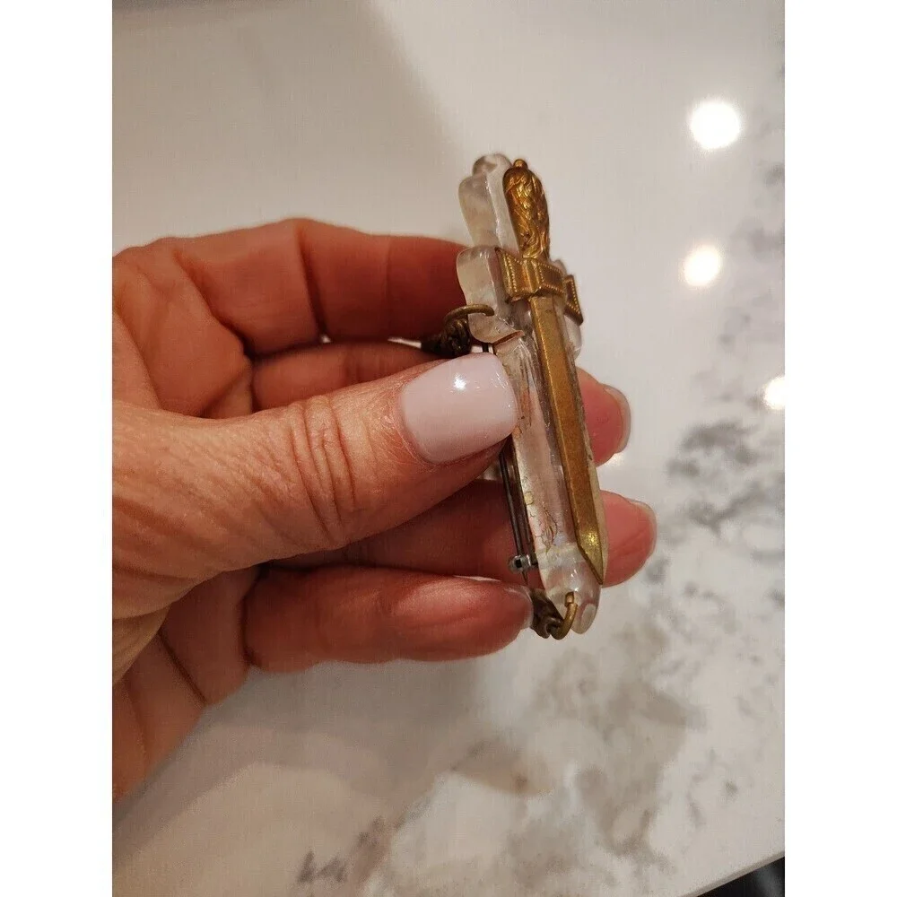 Vintage Intricate Bakelite Gold toned  Sword Pin Brooch with Dangle link chain